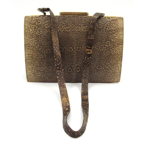 Vintage 60s Genuine Leather Reptile Purse YKK Zip Gold Frame Kiss Lock Bag - Picture 11 of 16